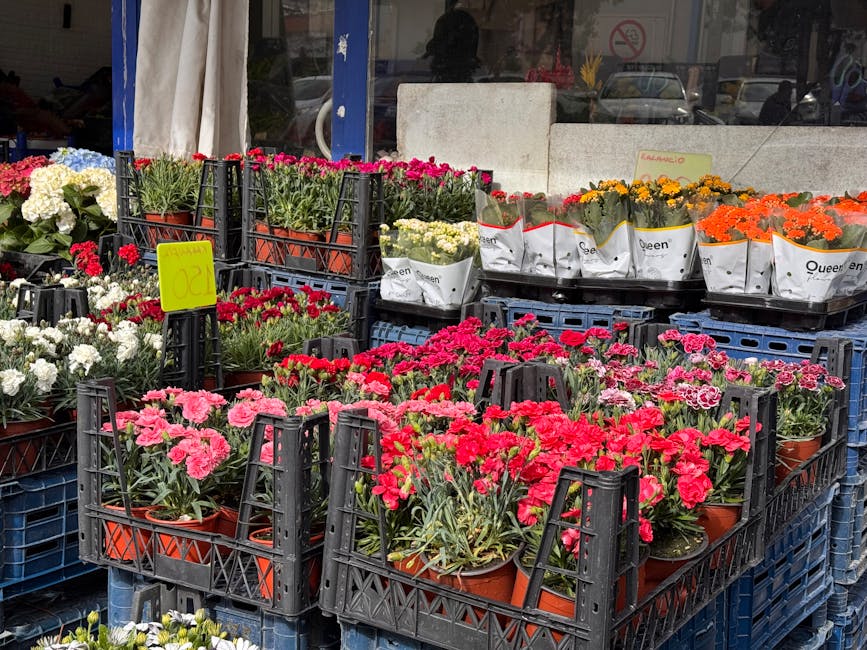 A display of potted flowering plants arranged on black plastic crates outside a flower shop. The arrangement includes various varieties of petunias in shades of pink, red, white, yellow, orange, and p