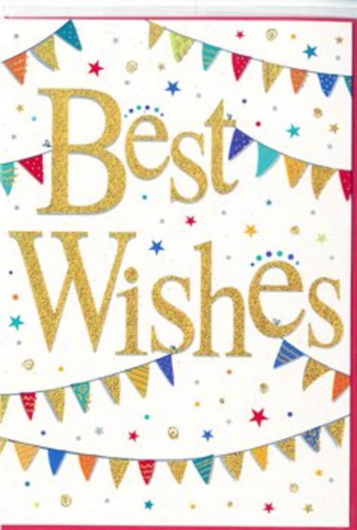 In this image, a Best Wishes card is portrayed with the kind of upbeat spirit that suits East Ham's lively character. The card's background is an uncluttered, bright white, providing a calm canvas on which the colours can truly sing. Dominating the centre, the words Best Wishes flow in an elegant script, rendered in shining gold that looks gently textured and slightly raised, as if pressed into the card with a foiling technique. The golden letters give off a soft glow, bringing to mind the glimmer of afternoon sun along Barking Road or the warm reflection of shopfront lights at dusk. Curving across the top and near the bottom, strings of bunting form festive arches around the text. Each miniature triangle is painted in lively hues-ocean blues, cherry reds, leafy greens, bright yellows, and pops of lilac and coral. Many of the flags feature charming patterns: stripes that run neatly from point to base, tiny polka dots, or mosaic-like designs that hint at careful craftsmanship. These details recall the thoughtful decorations hung for school fairs or family parties around East Ham's residential streets. Nestled among the bunting are little starbursts and round dots in matching colours, scattered as though lightly tossed confetti had frozen in mid-air. They add a sense of joyful movement and spontaneity, like the moment a celebration truly begins. The combination of elegant gold calligraphy and playful, colourful garlands feels both sophisticated and friendly. This is the sort of card that could accompany a bouquet delivered for a promotion, a new baby, an engagement, or any other milestone that deserves a heartfelt cheer. It carries a quiet promise of good fortune and shared happiness, reflecting the supportive, close-knit feel of the local community.