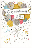 This congratulations card feels like a soft burst of celebration set against the everyday rhythm of East Ham, its design alive with graceful details. At the heart of the image, a joyous cluster of balloons rises together, their rounded shapes overlapping as if gently pressing forward from the page. The colours are elegantly chosen: warm gold, cool silver, pale champagne, sky blue, blush pink, and misty grey, each balloon subtly different from the next. Some are adorned with tiny, twinkling stars, others with fine stripes or scattered glitter-like dots, creating a sense of shimmer and variety similar to the textures you see in a mixed bouquet. Slender ribbons in metallic gold and silver trail from the balloons in relaxed, curling lines that drift downward like streamers at a neighbourhood celebration off High Street North. Running across the middle of the composition, a sweeping banner carries the words Congratulations To You written in fluid, stylish script, giving the card a personal, almost handwritten charm. Surrounding the balloons and banner, delicate stars, dots, and swirling accents float on a soft, creamy background, evoking the feel of confetti slowly settling after a cheer. The entire scene has a gentle glow, with just enough metallic sheen to feel special while remaining calm and welcoming. You can almost feel the smoothness of the card stock and imagine the slightly raised texture where glitter catches the light. It is an image that pairs naturally with fresh flowers delivered locally, the sort of card you'd keep on a mantel in a home near Plashet Park as a daily reminder of a proud moment-an exam passed, a new job earned, or a personal goal reached and generously celebrated.