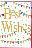 The Best Wishes card pictured here radiates cheerful celebration, much like a festive afternoon in East Ham when streets feel alive with colour. The background is a smooth, bright white, creating a spacious, uncluttered look that lets each decorative element stand out clearly. In the centre, the greeting Best Wishes is scripted in flowing, confident letters, finished in a lush metallic gold that seems to shimmer softly. The text appears ever so slightly raised, suggesting a tactile, embossed quality that invites you to trace the elegant curves with your fingertips. Framing this central message, lines of bunting sweep gently across the top and bottom. Each small, triangular flag wears a bold, joyful colour-rich blues, vibrant reds, zesty greens, sunny yellows, and touches of pink and purple-with some adorned in stripes, others dotted or patterned in tiny geometric shapes. The effect is reminiscent of decorations strung for a neighbourhood celebration near Central Park or a family party in one of East Ham's side streets. Between the bunting strands, petite star shapes and confetti-like dots are scattered in corresponding colours, as if frozen in the moment after being tossed into the air. These details lend a sense of movement and sparkle, conveying excitement without overwhelming the eye. The design walks a lovely line between elegant and playful, appropriate for a wide range of joyous milestones-new jobs, graduations, anniversaries, or fresh starts in a new home. It's easy to imagine this card slipped into a hand-tied bouquet prepared by a local East Ham florist, adding a glowing note of encouragement and heartfelt goodwill to the flowers' natural beauty.